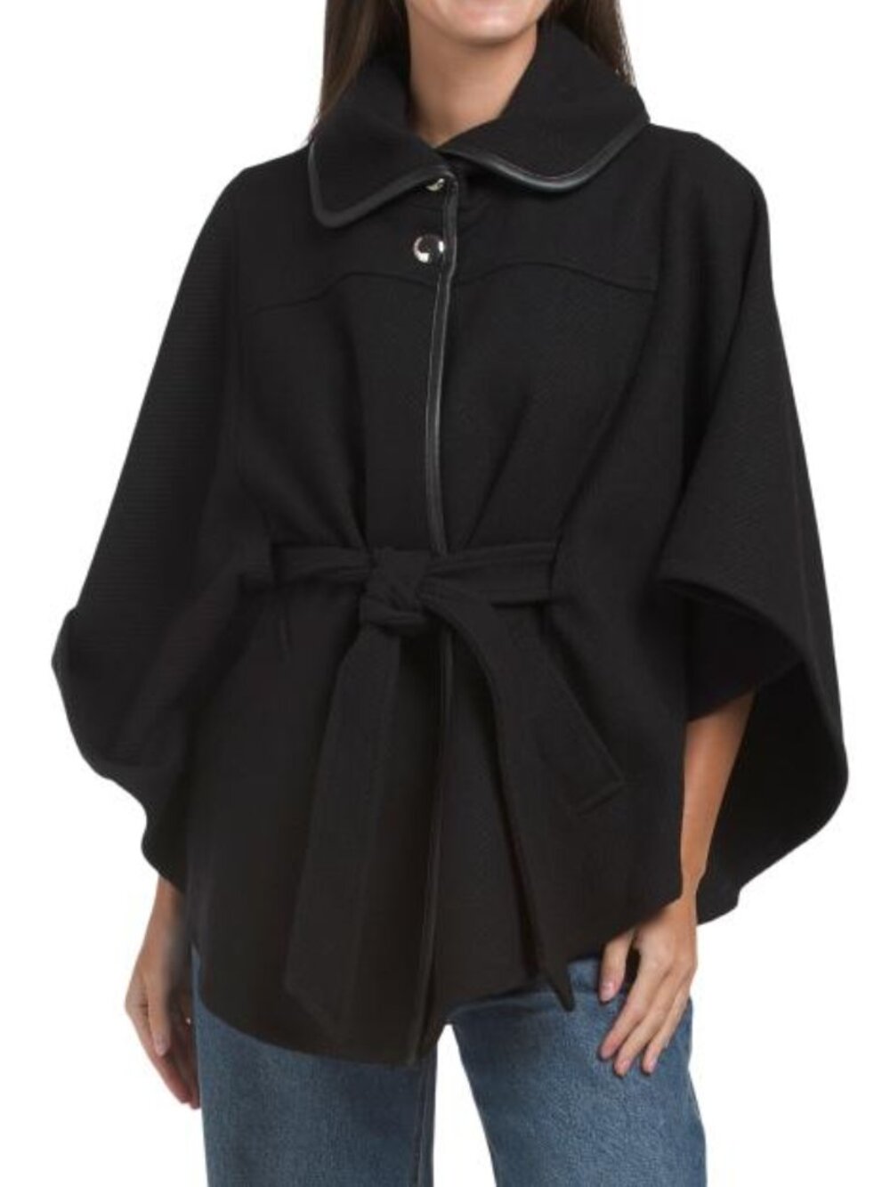 ELIE TAHARI Wool Blend Rounded Collar Belted Cape Jacket